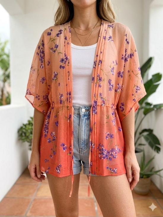 Apt. 9 Other - Apt. 9 Floral Ombre Sheer Kimono Wrap Coral Purple Boho Chiffon Medium